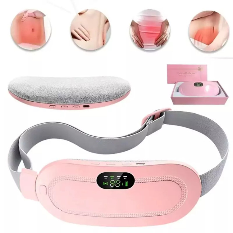 کمربند حرارتی قاعدگی صورتی با دایره هایی که نشان دهنده استفاده روی شکم و زیر شکم وکمر