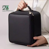 دو دست یک خانم با لباس سفید که کیف آرایشی مشکی مسافرتی رو دست گرفته